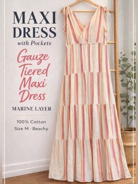 Marine Layer Gauze Tiered Maxi Dress Pink Stripe Cotton Tie Strap M pockets